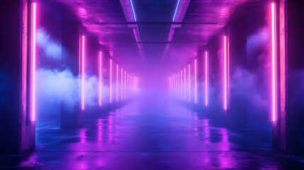 Neon Lights and Smoke in a Concrete Tunnel - 3d Illustration
