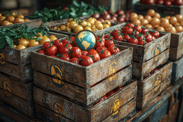 A community-supported agriculture program with a globe symbol on the crates, promoting local farming as a solution to global food issues.