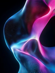 Naklejka premium Abstract waves of vibrant pink and blue light create a dynamic visual effect against a dark background. A minimalist poster in metallic and chrome gradient style.