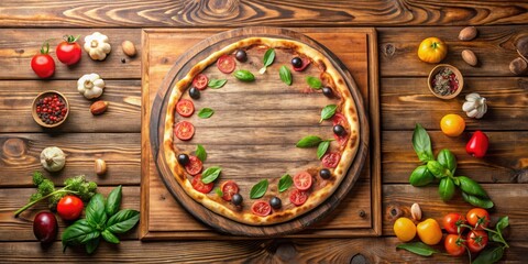 Pizza signboard nailed to rustic wooden wall with space for custom toppings menu