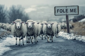 Sheeps Walking Down The Road To A Sign That Says "Follow Me."