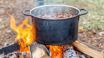 Pot of beans simmering on a log-surrounded fire, steam billowing as the flames crackle in a peaceful outdoor setting.