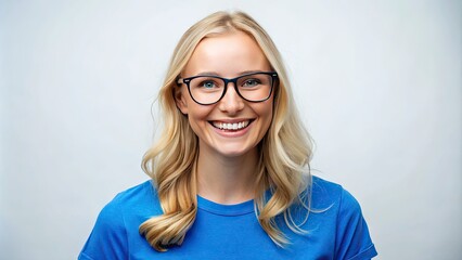 Fototapeta premium Happy Young Woman with Blonde Hair and Glasses Smiling in Blue T-Shirt Against White Background