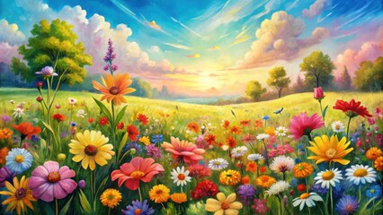 Fototapeta premium Vibrant Watercolor Field of Flowers Serene Botanical Landscape Bright Colors Artwork