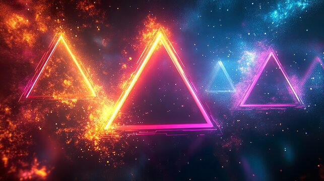 Glowing Neon Triangles Rotating in Dark Futuristic Digital Space
