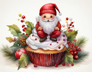 Fototapeta premium Santa claus and christmas red cupcake