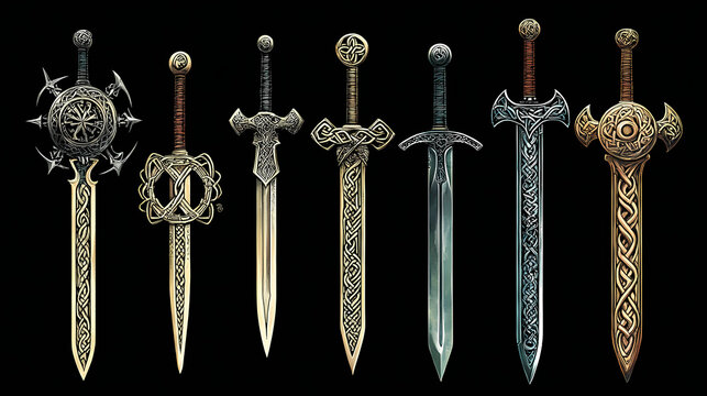 A series of celtic warrior motifs, including swords and helmets, intricately designed with knotwork and set against a black background. Celtic Knotwork. Illustration