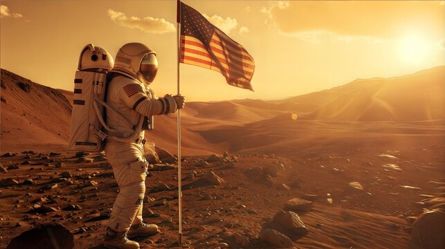 Astronaut planting american flag on mars at sunset