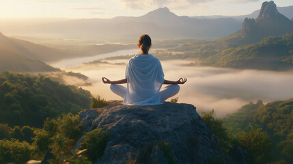A woman is meditating with nature on a mountain at sun rising sunset. Yoga practicing, relaxing, mind soul, mindfulness concepts.	