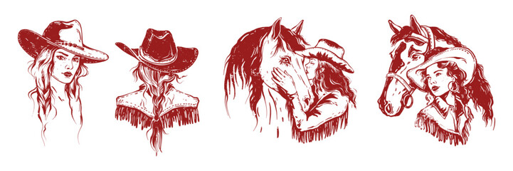 Cowgirl engraving portrait set, vector hand drawn western woman face, grunge Texas female character. American ranch lady in traditional cowboy hat with horse retro print. Cowgirl portrait illustration © Oleksandra