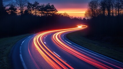 Motion Long exposure of a road with light trails of passing vehicles at night 