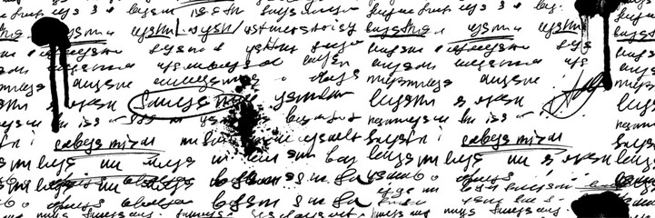 Seamless handwriting text vector vintage letter texture, paper poetry ink background black blot note. Grunge abstract scribble page retro cursive poetry lyrics wallpaper. Seamless handwriting document