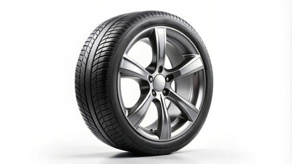 Obraz premium Modern black tire with silver rims and hubcap,isolated on background