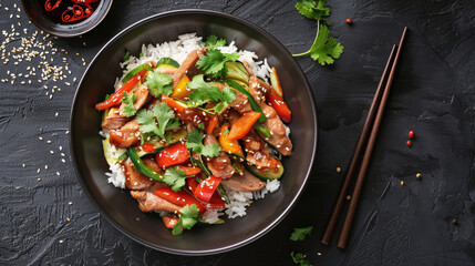 Peking Duck Stir-fry: tender duck and colorful vegetables in soy sauce, served with jasmine rice and cilantro
