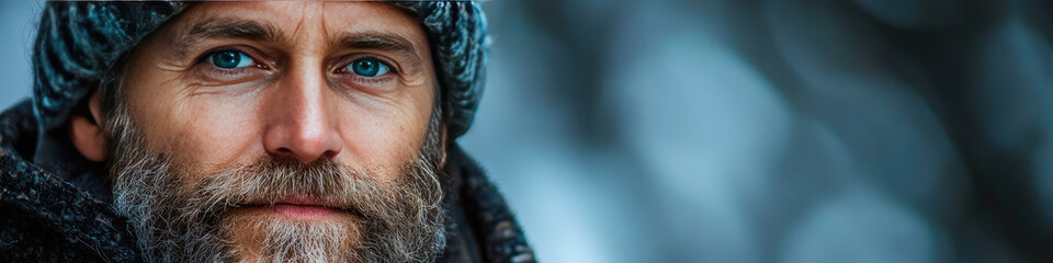Obraz premium Close up of rugged man with full beard and kind eyes in woolen cap hinting at life in nature