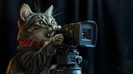 Feline Filmmaker:Cat Director Capturing the Shot with on a Minimalistic Pop Art Background