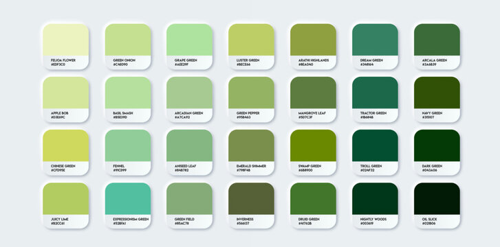 Green Color Guide Palette with Color Names. Catalog Green Samples with RGB HEX codes and Names. Vector EPS 10