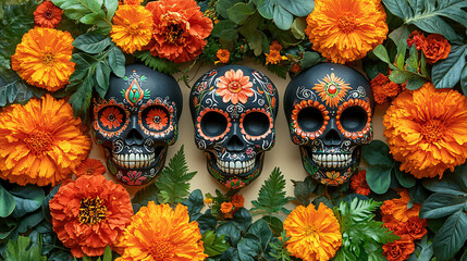 Festive sugar skull adorned with colorful decorations and Mexican patterns, surrounded by marigolds and papel picado border on cream background. Suitable for Day of the Dead celebrations and...