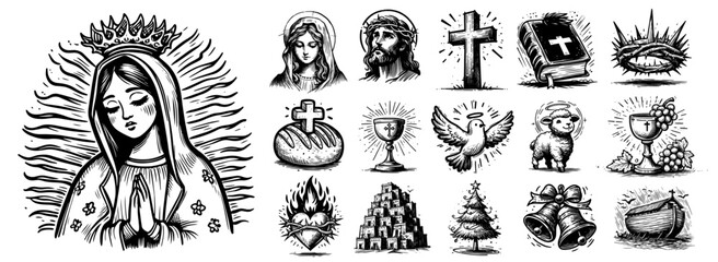 religious icons and symbols of faith vector sketch