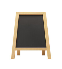 A blank blackboard or chalkboard with wooden frame and legs on transparent PNG or white background.