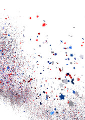 Festive background with confetti in the shape of stars in the color of the American flag.