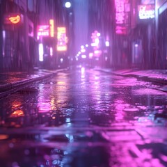 Fototapeta premium Neon-lit alley with wet pavement and reflections