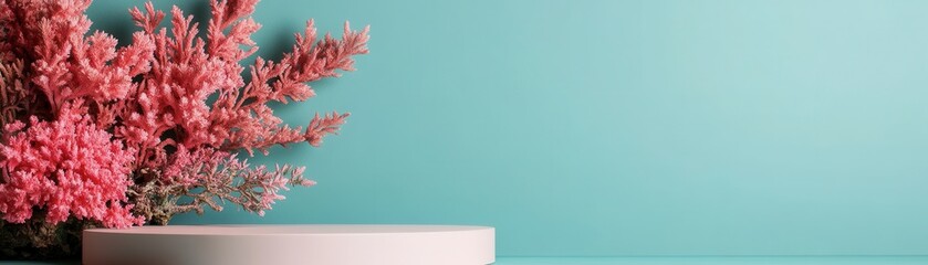 A vibrant pink flower arrangement in a modern pot set against a soothing teal background, perfect for home decor