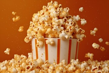 Popcorn popping. Red white strip box package. Fast food. Orange background. Popcorn flies in different directions.