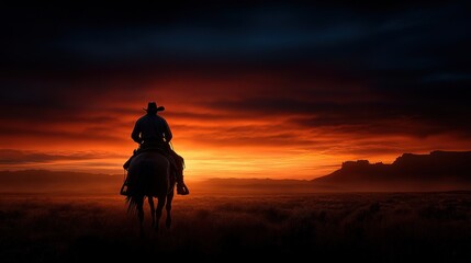 Fototapeta premium A horseback rider is silhouetted against a dramatic, vivid red sunset, evoking themes of solitude and adventure in a picturesque, open landscape setting.