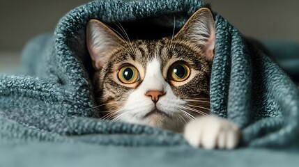 Sneaky Feline Peeping from Cozy Blanket in Minimalist Pop Art Style