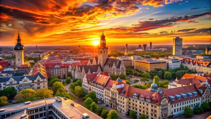 Obraz premium Iconic Silhouette of Leipzig's Landmarks Against Vibrant Sunset Sky in Beautiful Urban Landscape