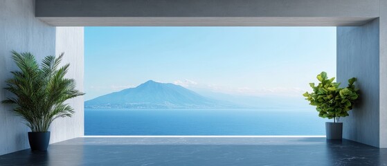 Fototapeta premium Panoramic balcony view featuring ocean waves and majestic mountains, inviting tranquility and scenic beauty for relaxation and enjoyment