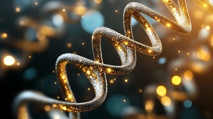 Golden DNA Helix with Bokeh Lights   Abstract Science Background