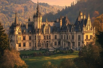 Obraz premium Majestic castle with intricate facades and soaring spires nestled among picturesque rolling hills bathed in the warm glow of a breathtaking sunset evoking a timeless sense of elegance and grandeur