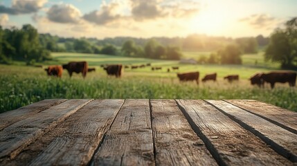 rustic wooden tabletop set against a pastoral farm background with grazing cows the empty mockup invites ecomilk product presentations capturing the essence of farmtotable freshness