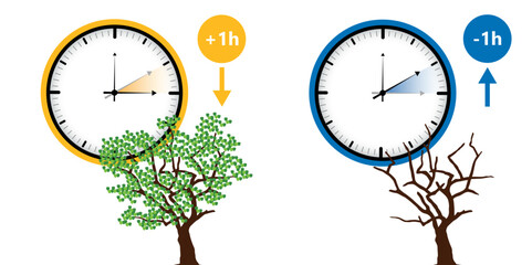 summer time and winter time concept with clock and tree vector illustration EPS10