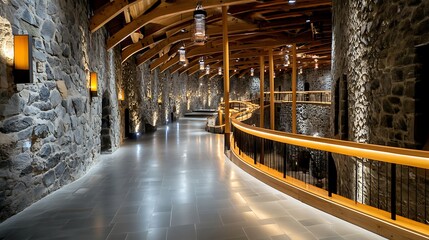 Modern Interior Design With Stone Walls  Wooden Beams  and Lighting