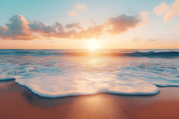 Ocean Waves Crashing on Sandy Beach at Sunset with Golden Sky and Clouds