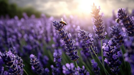 Fototapeta premium In a vibrant lavender field under a glowing sunset, bees busily pollinate flowers, depicting the delicate balance of nature and ecosystem vitality.