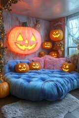 Obraz premium Brightly lit room with pumpkins and cozy blue furniture