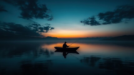 A solitary fisherman sits patiently in a small boat, casting his line into a placid lake surrounded by twilight's serene hues, capturing the essence of solitude and calm.