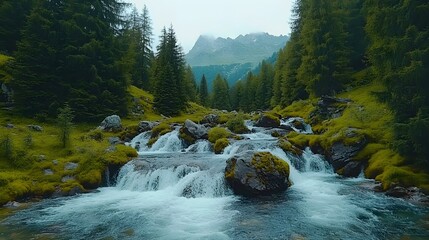 Wild mountain river with rushing water flowing over boulders and steep hillsides - Powered by Adobe