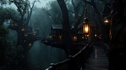 A dimly lit, enchanting treehouse village nestled within a dark forest, illuminated by warm lanterns, conjuring a sense of mystery, magic, and tranquility.