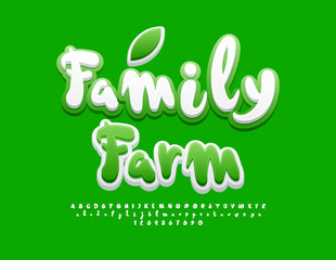 Vector creative logo Family Farm with decorative Font. Artistic Green and White Alphabet Letters and Numbers set