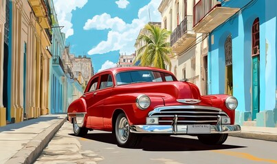 Vintage Red Car on a Sunny Cuban Street, AI generated illustration.
