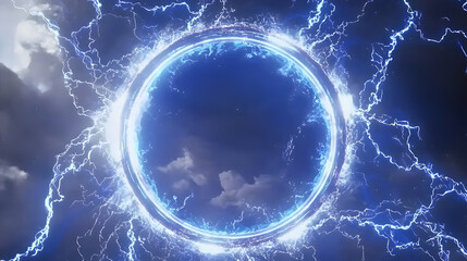Time Traveler’s Portal: A mysterious circular doorway surrounded by swirling energy. The edges of the portal crackle with electric blue light. The image suggests adventure, alternate realities, 