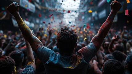 A vibrant crowd adorned with colorful powders joyfully celebrates a festival, capturing the energy and excitement of cultural unity and expression in this lively scene.