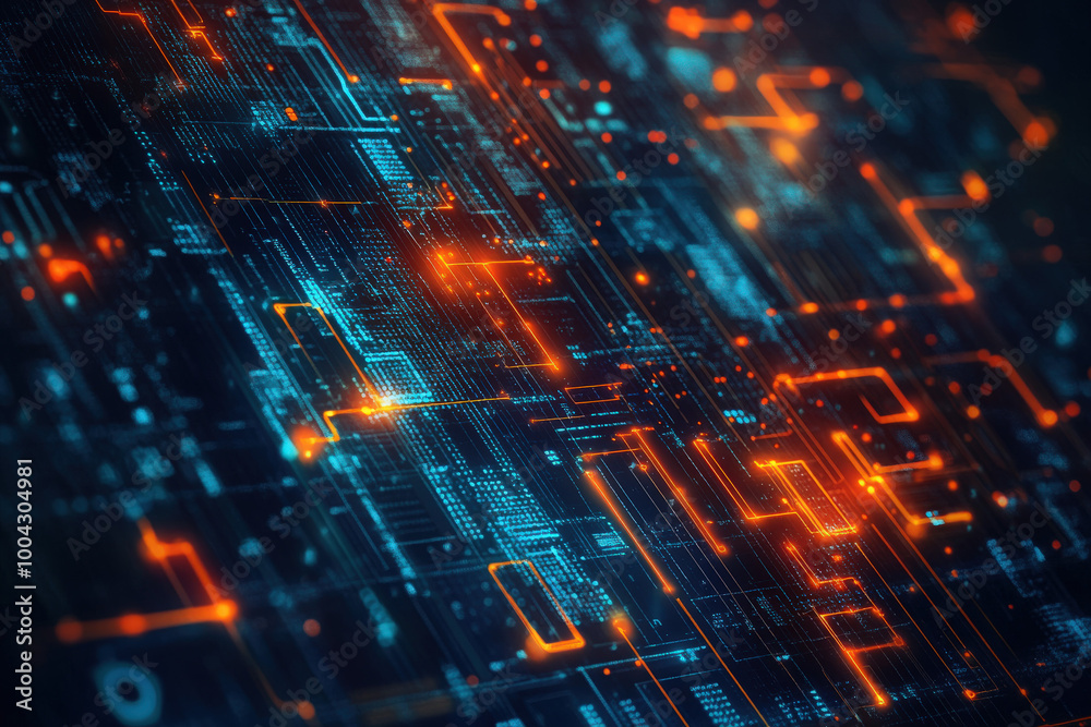 Poster exploring the mesmerizing patterns of digital circuits with glowing orange highlights in an intricat