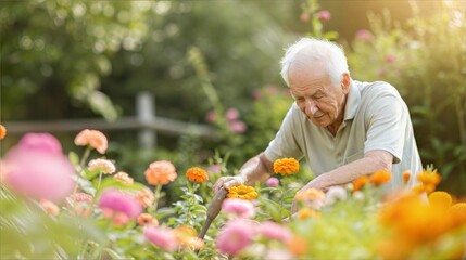 Elderly man gardening among colorful flowers in sunlit garden