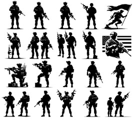 silhouettes of soldiers in various tactical stances vector shape